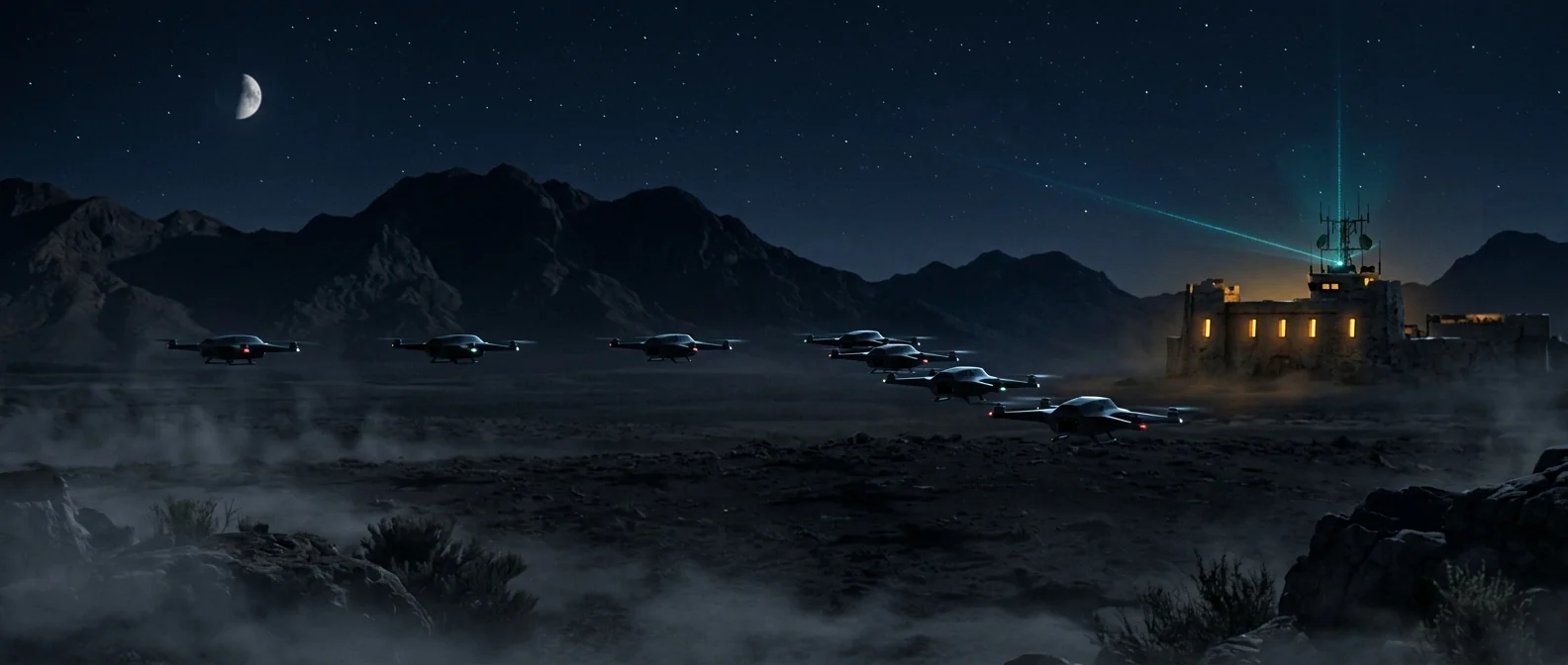 Concept illustration of autonomous aircraft over a desert landscape at night
